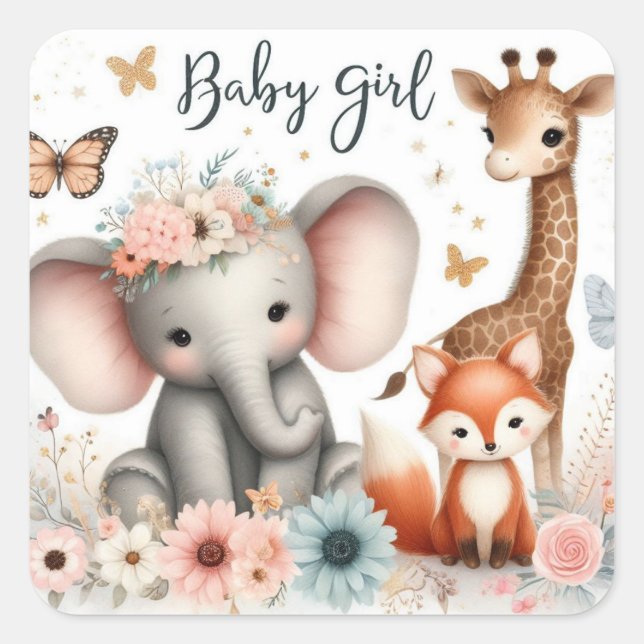 Sticker Carré Bébé mignonne Fille Bois Animaux avec Fleurs (Devant)