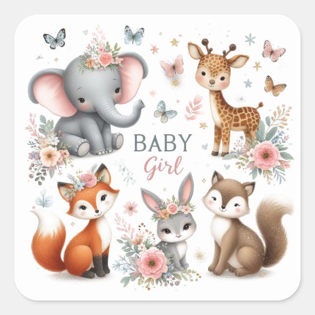 Sticker Carré Bébé mignonne Fille Bois Animaux avec Fleurs (Devant)