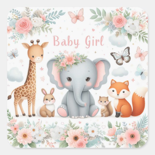 Sticker Carré Bébé mignonne Fille Bois Animaux avec Fleurs (Devant)