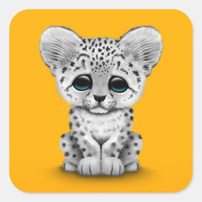 Sticker Carré Bébé mignonne Léopard de neige sur Jaune (Devant)