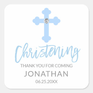 Sticker Carré Bébé moderne Croix Bleue Christening Garçon Merci