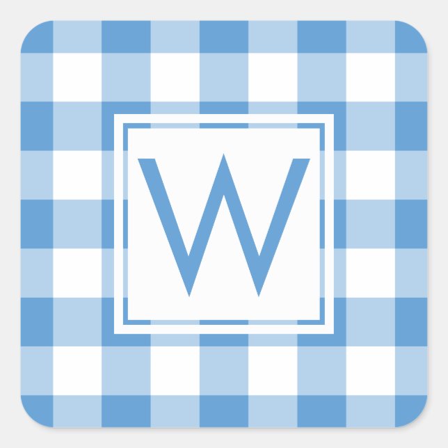 Sticker Carré Bébé Monogrammé Bleu En vichy Motif Plaid (Devant)