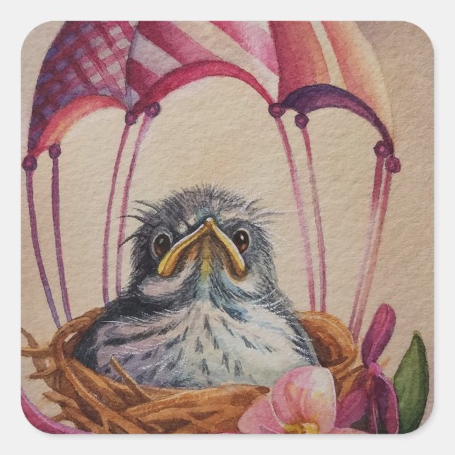 Sticker Carré Bébé oiseau flambant rose Parachute Aquarelle Art (Devant)