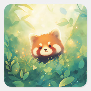 Sticker Carré Bébé Panda roux regardant à travers les feuilles d
