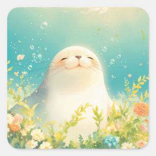 Sticker Carré Bébé phoque souriant dans une prairie sous-marine 
