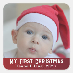 Sticker Carré Bébé   Première photo de Noël