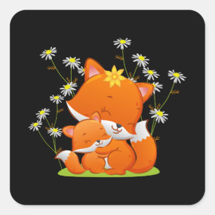 Sticker Carré bébé renard donne l'accolade à sa mère