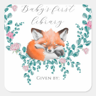 Sticker Carré Bébé renard en fleurs - Première bibliothèque de b