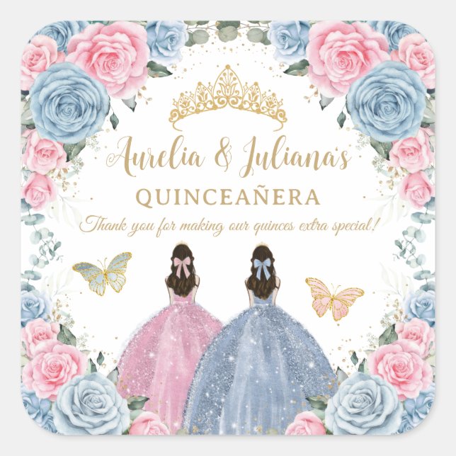 Sticker Carré Bébé rose Bleu Floral Princesses Twins Quinceañera (Devant)