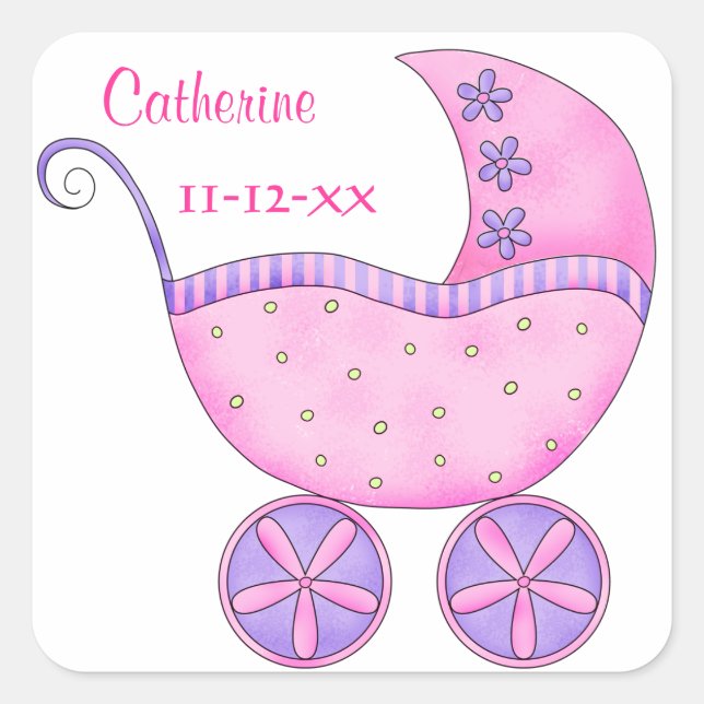 Sticker Carré Bébé rose Buggy Nom du garçon Date de naissance Fa (Devant)