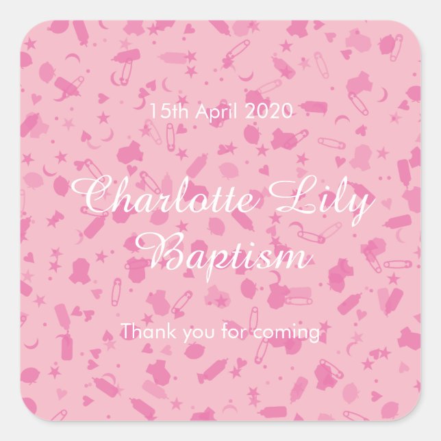 Sticker Carré Bébé rose Confetti Baptême Christening Favoriser (Devant)