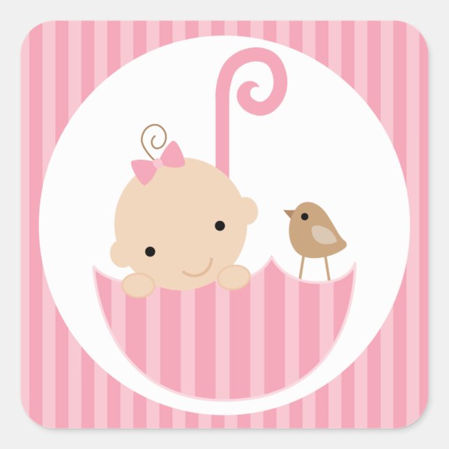 Sticker Carré Bébé rose dans un parapluie (Devant)