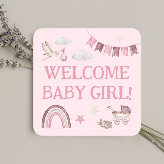 Sticker Carré Bébé rose Fille À Bord Cute Stork Aquarelle (Pink Girl Baby Cute Stork Watercolor Square Sticker)