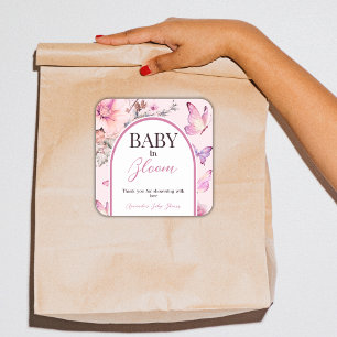 Sticker Carré Bébé rose papillon en fleur Baby shower fille