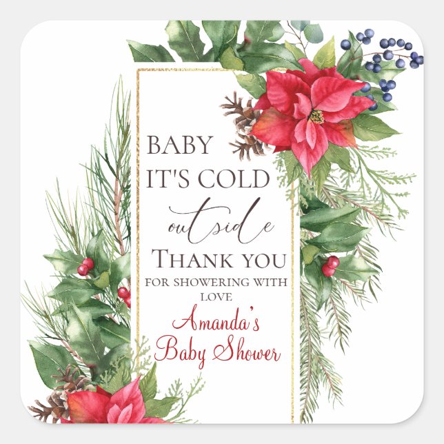 Sticker Carré Bébé son froid hors Baby shower d'hiver Favoriser (Devant)