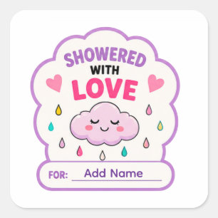 Sticker Carré ☁️ Bébé Sous La Pluie D'Amour Baby Shower Nom ☁️