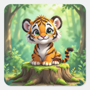 Sticker Carré Bébé Tigre   Art de nurserie enfantin de dessin an