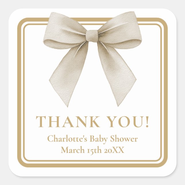 Sticker Carré Beige Bow Baby Shower Thank You Favor Label (Devant)