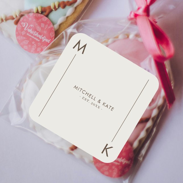 Sticker Carré Beige Brown simple ligne Mariage (Beige Brown Simple Line Monogram Wedding Square Sticker)