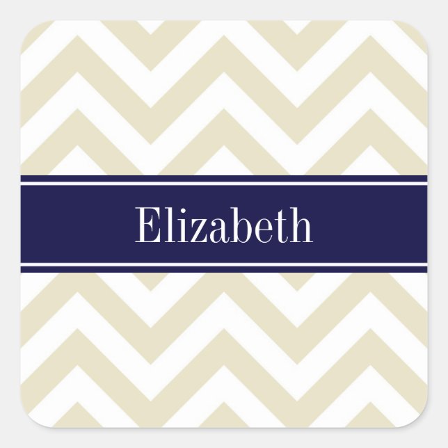 Sticker Carré Beige Lg Chevron Marine Nom bleu Monogramme (Devant)
