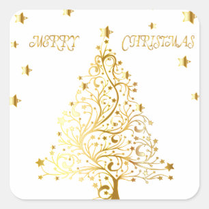 Sticker Carré Bel arbre de Noël métallique étoilé d'or