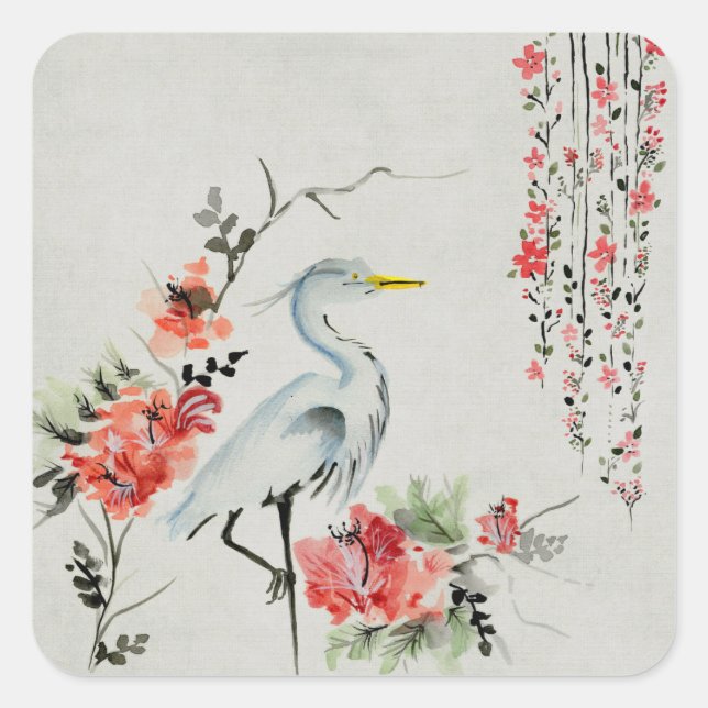 Sticker Carré bel oiseau de grue asiatique (Devant)