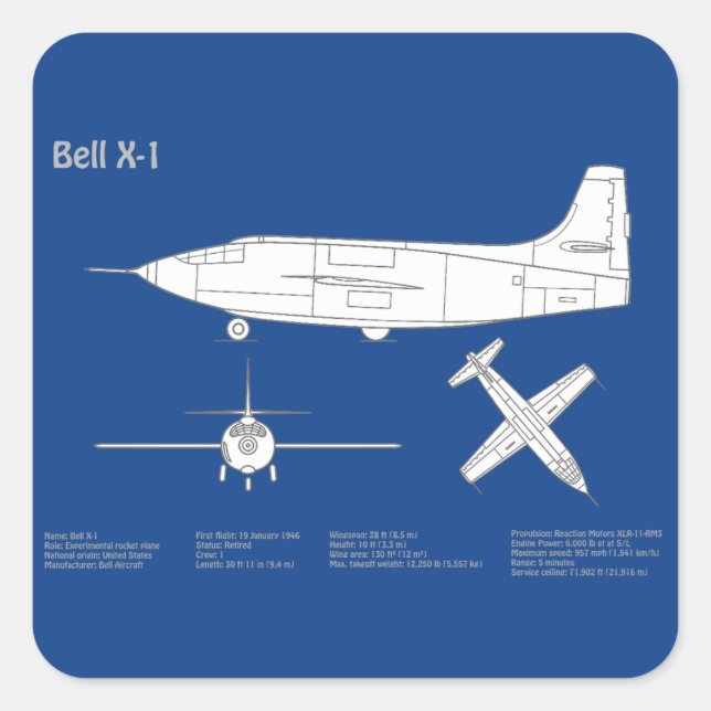 Sticker Carré Bell X-1 - Plans de plan d'avion ABD (Devant)