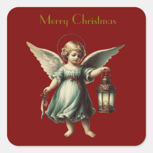Sticker Carré Belle Ange et Lanterne de Noël Vintage