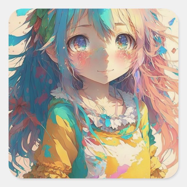 Sticker Carré Belle Anime Colorée fille (Devant)