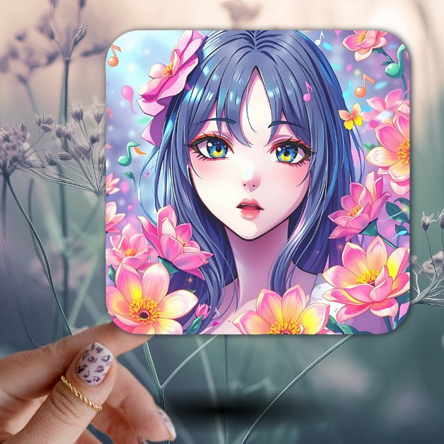 Sticker Carré Belle Anime Girl and Flowers (Créateur téléchargé)