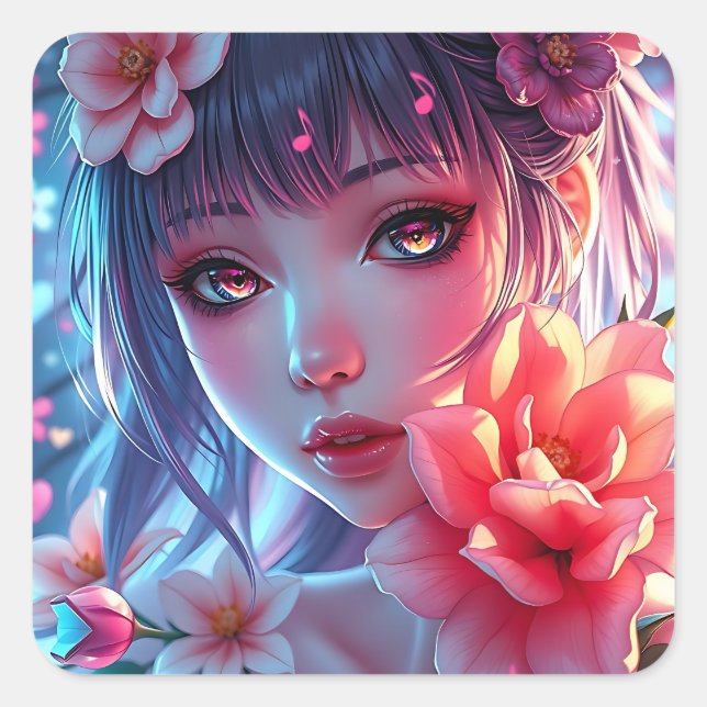 Sticker Carré Belle Anime Girl Glitchcore Floral (Devant)