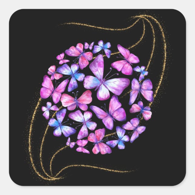 Sticker Carré Belle Aquarelle Papillons avec Boule d'Or (Devant)