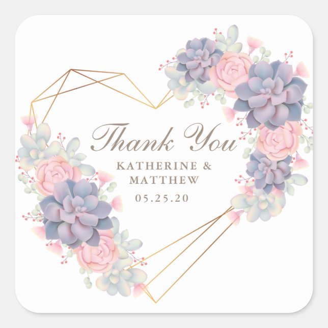 Sticker Carré Belle aquarelle Succulents Merci Mariage (Devant)