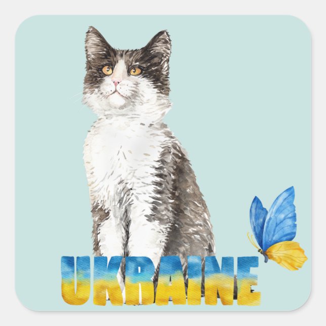Sticker Carré Belle aquarelle Ukraine Chat et Papillon (Devant)