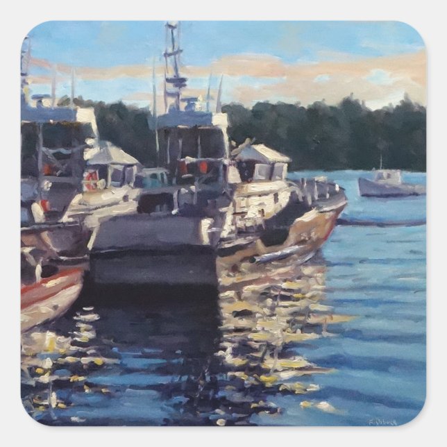 Sticker Carré Belle Bass Harbour Maine Fishing Bateau Scène (Devant)