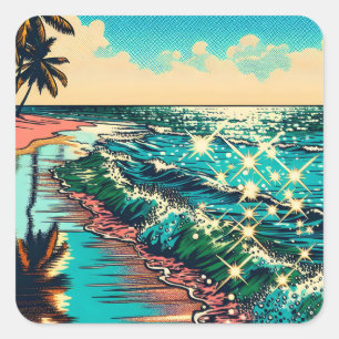 Sticker Carré Belle BD Pop Art Style Plage Scène
