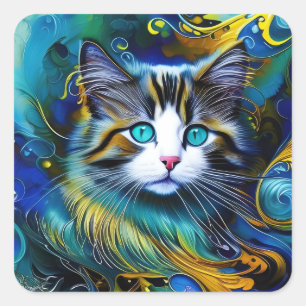 Sticker Carré Belle Chat Mystique en Blues et Golds