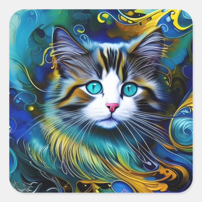 Sticker Carré Belle Chat Mystique en Blues et Golds (Devant)