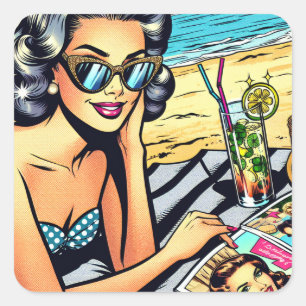 Sticker Carré Belle dame rétro à la plage avec Cocktail