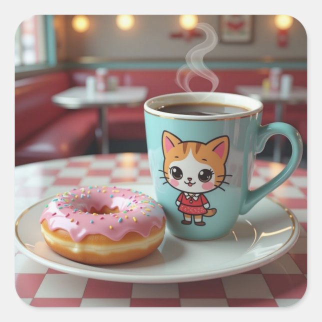 Sticker Carré Belle Donut et café au Retro Diner (Devant)