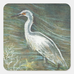 Sticker Carré Belle Egret Shorebird Wading In Water Art