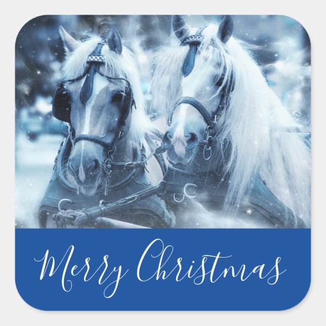 Sticker Carré Belle équipe Cheval Hiver Photo Joyeux Noël (Devant)