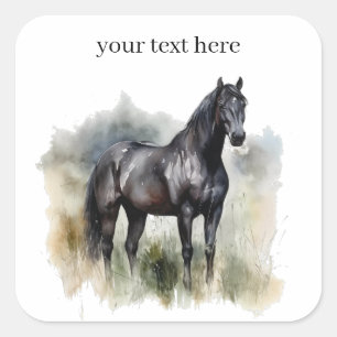 Sticker Carré belle étalon noir dans une prairie d'aquarelle