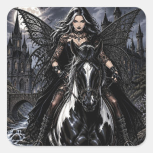 Sticker Carré Belle Fée Gothique sur Cheval Noir 