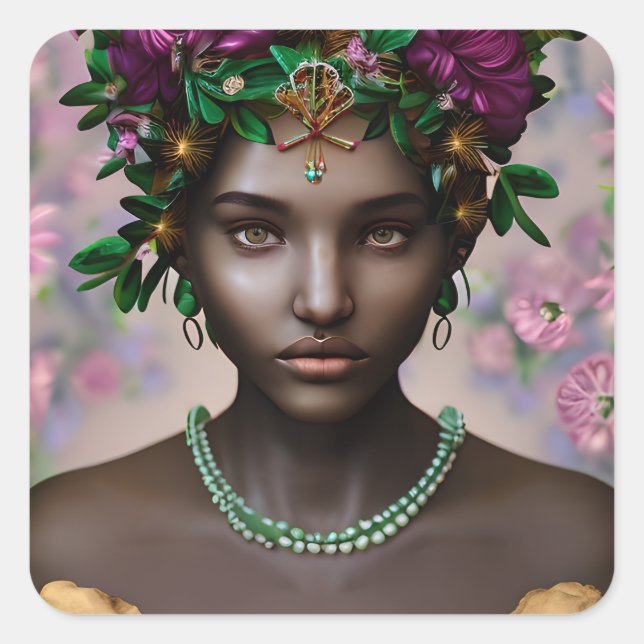 Sticker Carré Belle femme afro-américaine aux fleurs (Devant)