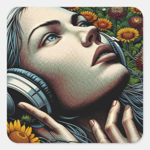 Sticker Carré Belle femme avec casque dans les tournesols