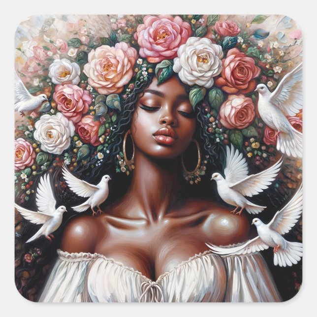 Sticker Carré Belle Femme Noire Avec Doves Art Floral (Devant)