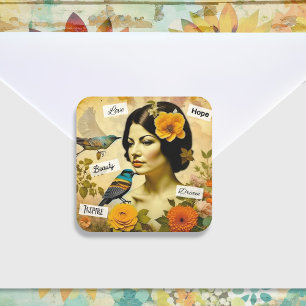 Sticker Carré Belle femme Vintage aux oiseaux et aux fleurs
