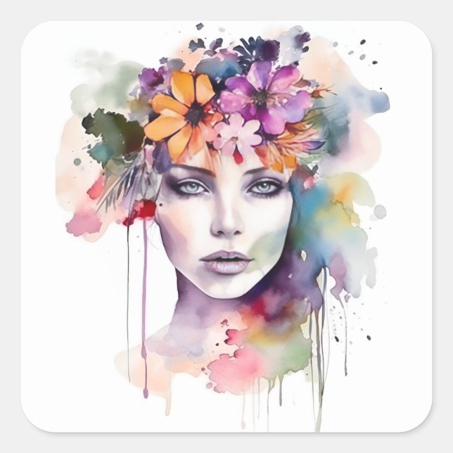 Sticker Carré Belle fille d'aquarelle avec des fleurs dans ses c (Devant)