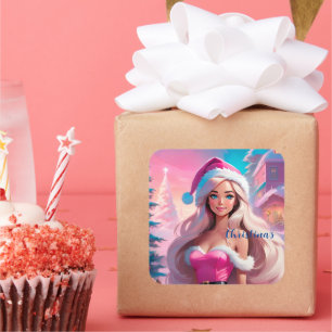 Sticker Carré Belle fille de Noël rose 01